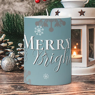 Teal Merry and Bright Snowflakes Christmas Pillar Candle
