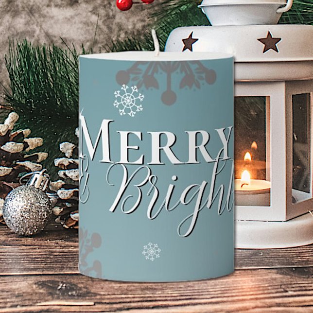 Teal Merry and Bright Snowflakes Christmas Pillar Candle (Teal Merry and Bright Snowflakes Christmas Candle)