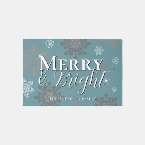 Teal Merry and Bright Snowflakes Christmas Rug