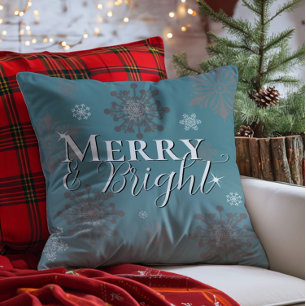 Teal Merry and Bright Snowflakes Christmas Throw Pillow