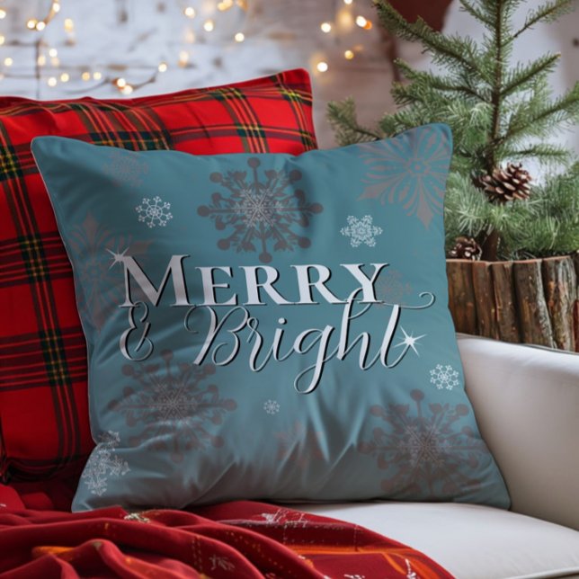 Teal Merry and Bright Snowflakes Christmas Throw Pillow (Teal Merry and Bright Snowflakes Christmas Throw Pillow)