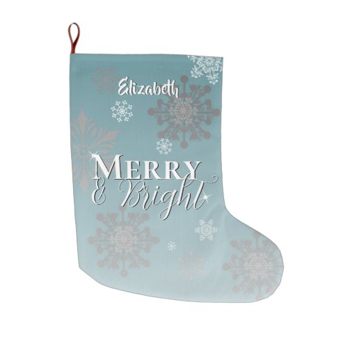 Teal Merry and Bright Snowflakes Large Christmas Stocking