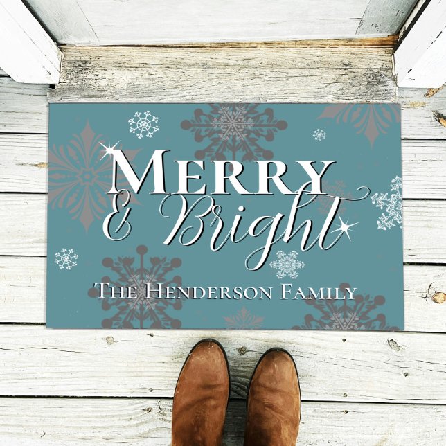 Teal Merry and Bright Snowflakes Personalized Doormat (Teal Merry and Bright Snowflakes Christmas Personalized Doormat)