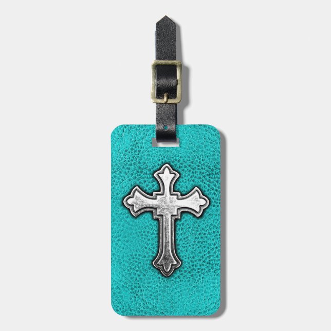 Teal Metal Cross Luggage Tag (Front Vertical)