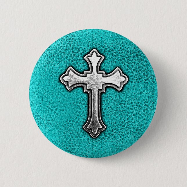 Teal Metal Cross Pinback Button (Front)