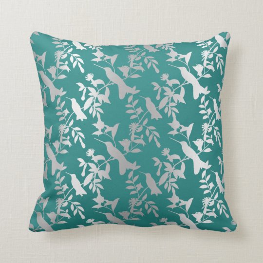 Teal Metallic Floral Humming Birds Gray Silver Throw Pillow