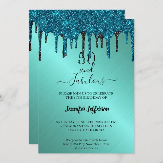 Teal metallic glitter Birthday Invitation (Front/Back)