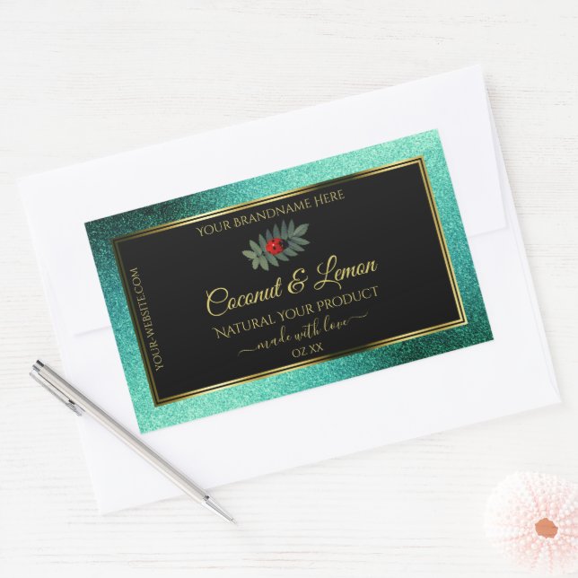 Teal Metallic Glitter Black Product Labels Ladybug (Envelope)