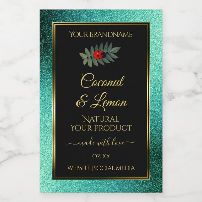 Teal Metallic Glitter Black Product Labels Ladybug (Single Label)