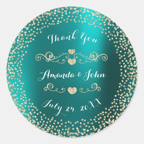 Teal Metallic Glitter Save the Date Thank You Classic Round Sticker