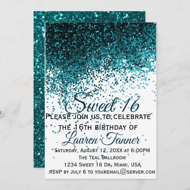 Teal metallic glitter sweet 16 invitation (Front/Back)