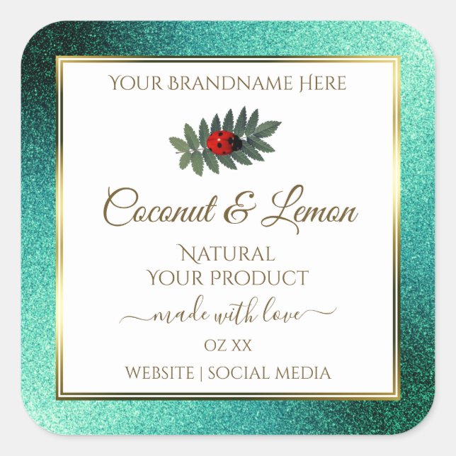 Teal Metallic Glitter White Product Labels Ladybug (Front)