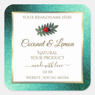 Teal Metallic Glitter White Product Labels Ladybug
