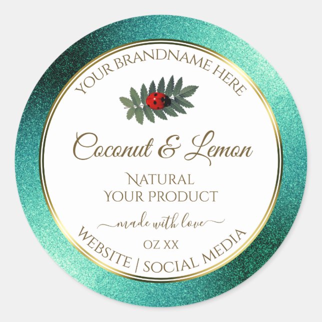 Teal Metallic Glitter White Product Labels Ladybug (Front)