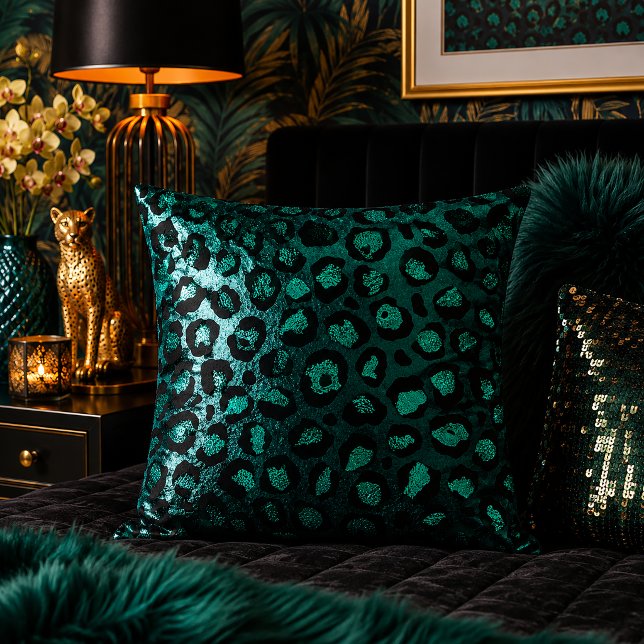 Teal Metallic Leopard Print Animal Pattern Throw Pillow (Creator Uploaded)