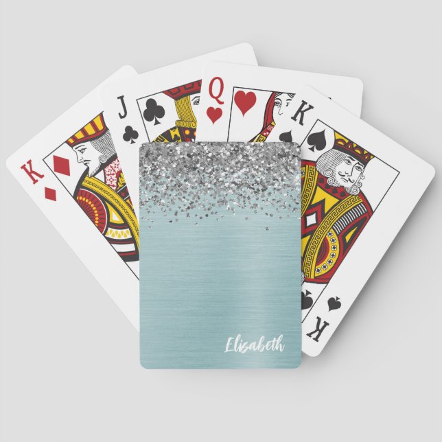 Teal Metallic Silver Glitter Girly Monogram Name Poker Cards (Back)
