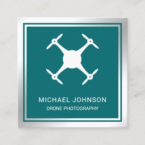 Teal Metallic Steel Modern Drone Photography Square Business Card