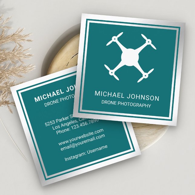 Teal Metallic Steel Modern Drone Photography Square Business Card (Creator Uploaded)