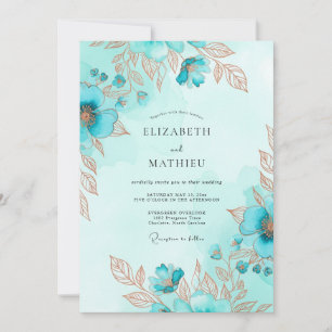 Teal Metallic Watercolor Coastal Wedding Invitation