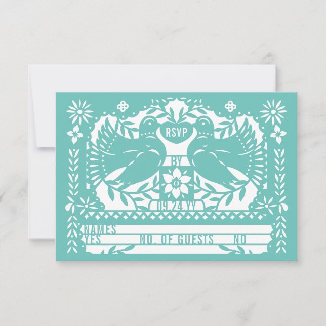 Teal Mexican Fantail Doves Papel Picado RSVP Invitation (Front)