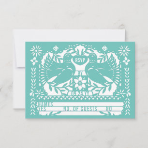 Teal Mexican Fantail Doves Papel Picado RSVP Invitation