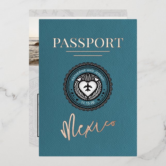 Teal Mexico Passport Wedding Foil Invitation (Front/Back)