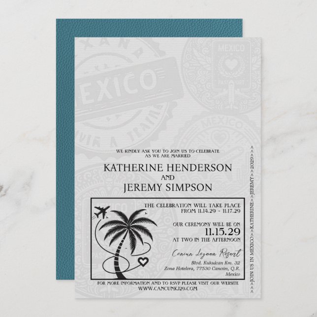 Teal Mexico Passport Wedding Invitation (Front/Back)