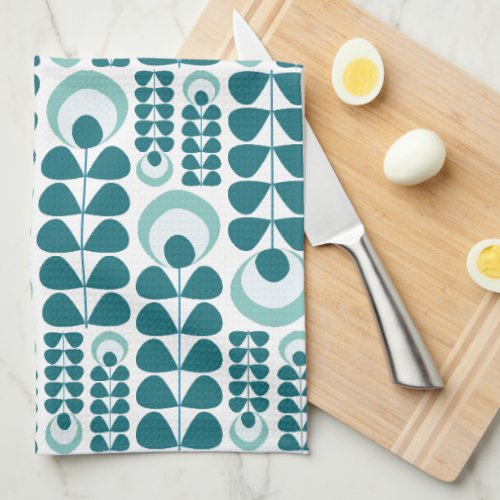 Teal Mid Mod Flowers Pattern Kitchen Towel