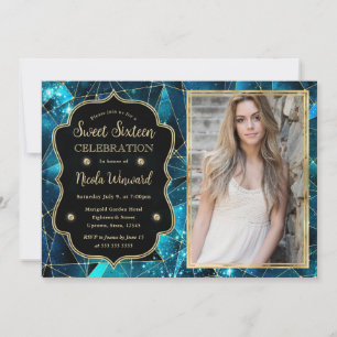 Teal Midnight Crystal Galaxy Sweet Sixteen photo Invitation
