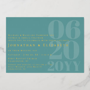 Teal Minimalist Bold Type Photo Wedding Foil Invitation