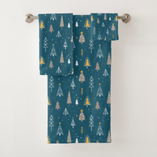 Teal Minimalist Christmas Tree Pattern Bath Towel Set