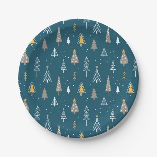 Teal Minimalist Christmas Tree Pattern Paper Plates