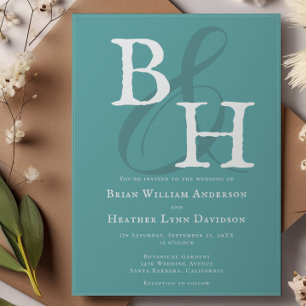 Teal Minimalist Monogram Wedding Invitation