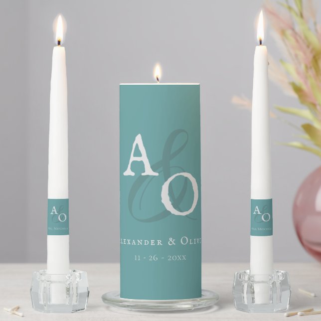 Teal Minimalist Monogram Wedding Unity Candle Set (In Situ)