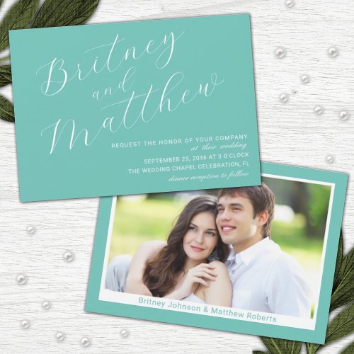 Teal Minimalist Photo Elegant Script Wedding Invitation