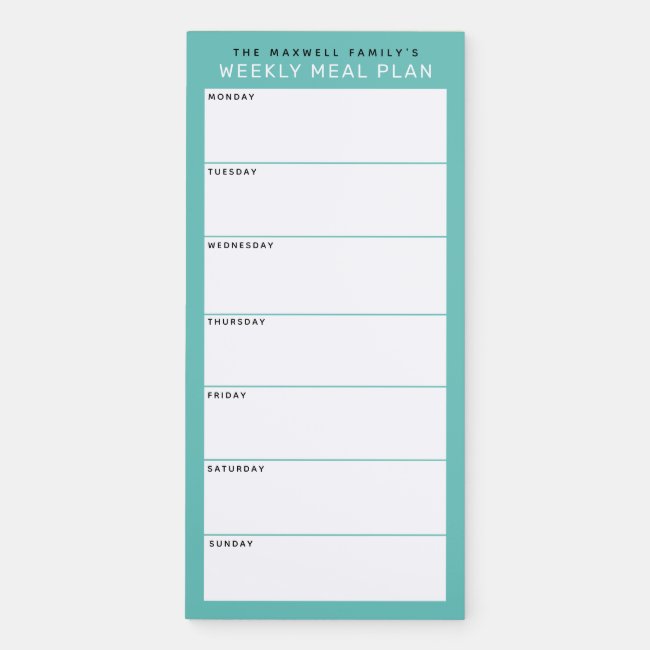 Teal Minimalist Simple Family Meal Planning Magnetic Notepad