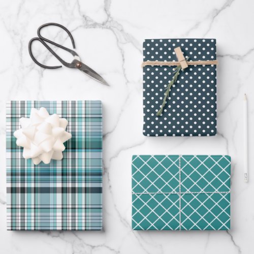 Teal Mint Blue Green Stripes Polkadots Pattern Wrapping Paper Sheets