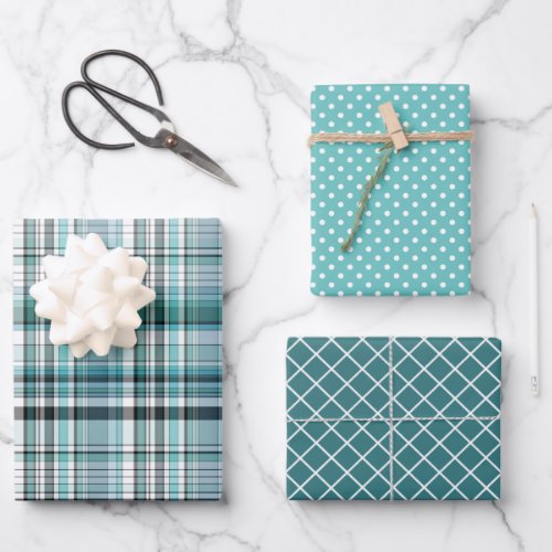 Teal Mint Blue Green Stripes Polkadots Pattern Wrapping Paper Sheets