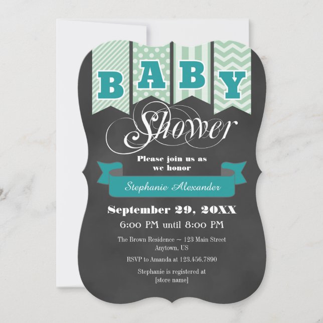 Teal Mint Chalkboard Flag Baby Shower Invite (Front)