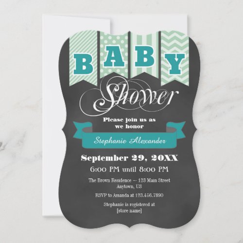 Teal Mint Chalkboard Flag Baby Shower Invite