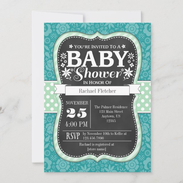 Teal Mint Chalkboard Floral Baby Shower Invite (Front)
