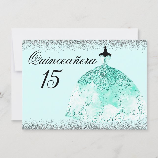 Teal Mint Dress Silver Glitter Quinceanera invite (Front)