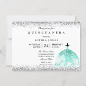 Teal Mint Dress Silver Glitter Quinceanera invite (Back)