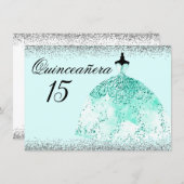 Teal Mint Dress Silver Glitter Quinceanera invite (Front/Back)