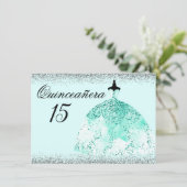 Teal Mint Dress Silver Glitter Quinceanera invite (Standing Front)