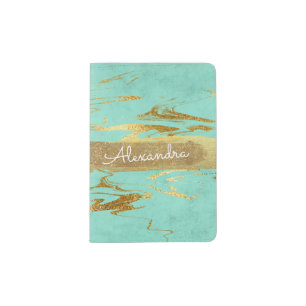 Teal Mint Gold Marble with Gold Foil and Glitter Passport Holder