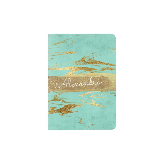 Teal Mint Gold  Marble with Gold Foil and Glitter Passport Holder (Front)