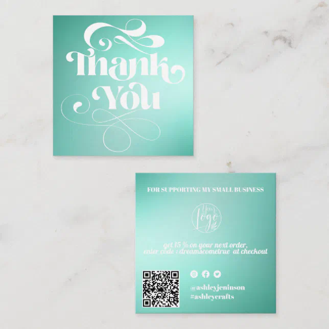 Teal mint gradient retro script order thank you square business card ...