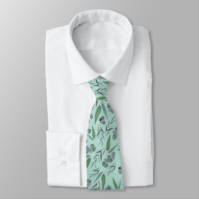 Teal Mint Green Eucalyptus Greenery Pattern Neck Tie (Tied)