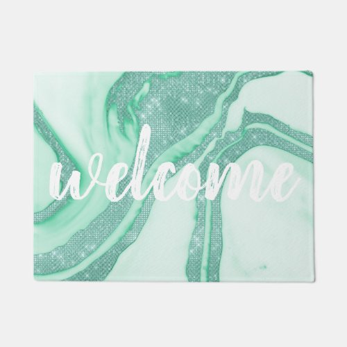 Teal Mint Green Sparkly Sequin Smoky Marble Doormat